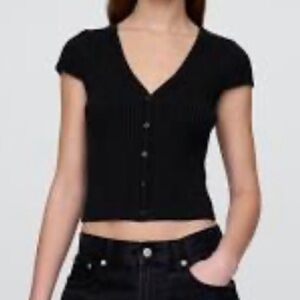 NWOT GAP Black Short Sleeve Ribbed Cotton Blend Knit Cardigan